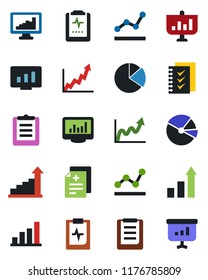Color and black flat icon set - growth statistic vector, monitor, diagnosis, pulse clipboard, statistics, bar graph, pie, checklist, point, presentation