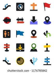 Color and black flat icon set - elevator vector, escalator, signpost, left arrow, radar, route, pin, download, place tag, compass, flag, guidepost
