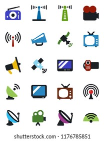 Color and black flat icon set - antenna vector, satellite, radio, loudspeaker, tv, video camera, wireless