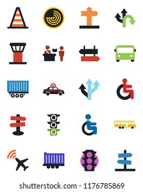 Color and black flat icon set - airport tower vector, plane radar, bus, passport control, signpost, alarm car, border cone, disabled, route, traffic light, truck trailer, guidepost