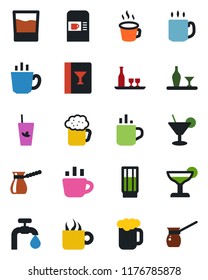 Color and black flat icon set - hot cup vector, coffee machine, water supply, alcohol, wine card, drink, cocktail, phyto bar, beer, turkish