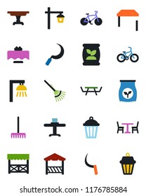 Color and black flat icon set - cafe vector, rake, sickle, garden light, picnic table, fertilizer, bike, restaurant, alcove, outdoor lamp