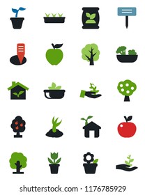 Color and black flat icon set - flower in pot vector, seedling, tree, sproute, plant label, fertilizer, fruit, salad, apple, eco house, palm