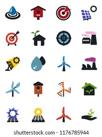 Color and black flat icon set - factory vector, bird house, target, sun panel, windmill, eco, water, palm sproute