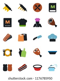 Color and black flat icon set - cook vector, cafe, hat, menu, bacon, salt and pepper, ham, bowl, rolling pin, cutting board, knife, steaming pan