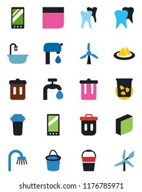 Color and black flat icon set - trash bin vector, bucket, tooth, mobile, blank box, water supply, bathroom, serviette, filter, windmill