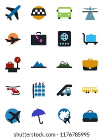 Color and black flat icon set - plane vector, runway, taxi, suitcase, baggage trolley, airport bus, umbrella, passport, ladder car, helicopter, seat map, luggage scales, globe, mountains, case