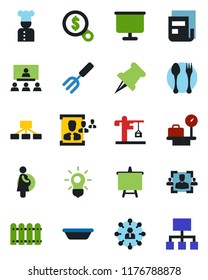 Color and black flat icon set - spoon and fork vector, luggage scales, hierarchy, presentation board, garden, pregnancy, paper pin, news, hr, fence, crane, cook, bowl, bulb, money search