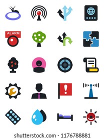 Color and black flat icon set - passport vector, bed, contract, water drop, pond, pills blister, patient, route, important flag, antenna, application, root setup, target, fruit tree, estate agent