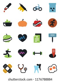 Color and black flat icon set - plant label vector, pumpkin, seeds, heart pulse, diagnosis, stethoscope, dropper, patch, barbell, bike, run, tooth, diet, salad, rolling pin, omelette