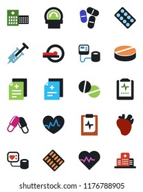Color and black flat icon set - heart pulse vector, diagnosis, syringe, blood pressure, pills, blister, tomography, real, clipboard, hospital