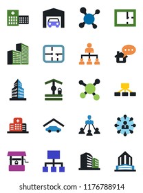 Color and black flat icon set - hierarchy vector, well, molecule, hospital, office building, garage, plan, home message