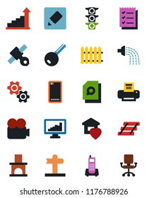 Color and black flat icon set - growth statistic vector, fence, watering, fireplace, signpost, satellite, traffic light, office phone, video camera, back, notes, monitor statistics, document search
