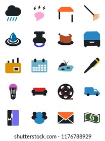 Color and black flat icon set - mail vector, pen, brainstorm, calendar, rake, rain, car delivery, reel, remote control, group, archive box, stamp, pond, table, cushioned furniture, fridge, chicken