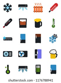 Color and black flat icon set - thermometer vector, heater, air conditioner, fridge, drink, beer, snowflake