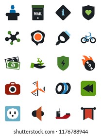 Color and black flat icon set - reception vector, stamp, bike, heart shield, cash, sea shipping, flame disk, camera, speaker, share, rewind, hdmi, protect, mailbox, windmill, plates, socket, pennon