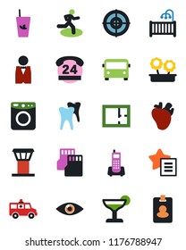 Color and black flat icon set - airport tower vector, bus, ambulance car, run, real heart, tooth, eye, office phone, 24 hours, favorites list, sd, target, plan, children room, flower in pot, waiter