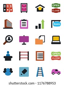 Color and black flat icon set - reception vector, office building, growth statistic, ladder, clipboard, folder document, warehouse storage, rack, group, notes, presentation board, abacus, rooms, car