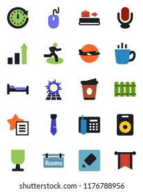 Color and black flat icon set - baggage conveyor vector, bed, plane, growth statistic, mouse, coffee, run, fragile, microphone, speaker, favorites list, notes, office phone, tie, fence, rooms, clock