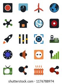 Color and black flat icon set - mouse vector, earth, speaker, settings, network, share, rec button, mobile camera, record, cellular signal, office phone, windmill, heater, tv, smart home, socket