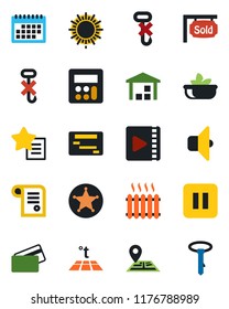 Color and black flat icon set - sun vector, navigation, no hook, warehouse, favorites list, pause button, calculator, video, calendar, sold signboard, heater, salad, credit card, warm floor, sound