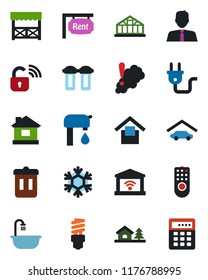 Color and black flat icon set - house vector, greenhouse, warehouse storage, with tree, water supply, garage, rent, estate agent, bathroom, alcove, power plug, wireless lock, remote control, filter