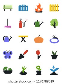 Color and black flat icon set - trowel vector, fence, rake, seedling, tree, watering can, sproute, butterfly, fire, bench, pumpkin, pond, picnic table, garden sprayer, tulip, flower in pot, salad