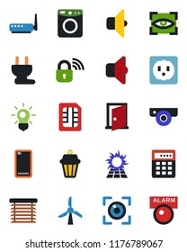 Color and black flat icon set - phone back vector, sim, socket, power plug, wireless lock, router, web camera, washer, bulb, outdoor lamp, sound, jalousie, eye scan, sun panel, door, combination