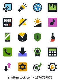 Color and black flat icon set - mobile vector, call, protect, settings, themes, calculator, clock, stopwatch, scanner, network, data exchange, download, torch, mute, brightness, cut, music