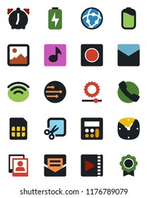 Color and black flat icon set - call vector, gallery, calculator, clock, alarm, mail, record, sim, network, wireless, brightness, cut, music, video, photo, battery, charge, sertificate