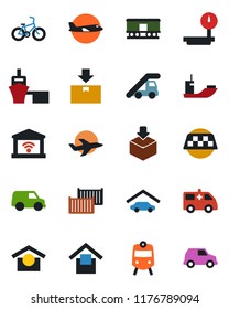 Color and black flat icon set - taxi vector, train, ladder car, plane, ambulance, bike, sea shipping, cargo container, port, warehouse storage, package, heavy scales, railroad, garage, gate control