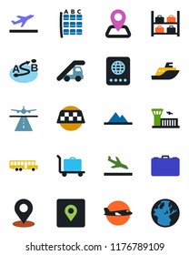 Color and black flat icon set - runway vector, taxi, departure, arrival, baggage trolley, airport bus, passport, ladder car, plane, seat map, luggage storage, building, case, navigation, route