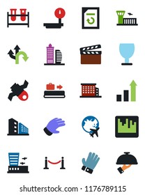 Color and black flat icon set - fence vector, baggage conveyor, plane globe, airport building, growth statistic, document reload, glove, blood test vial, route, satellite, fragile, heavy scales