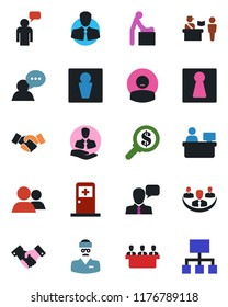 Color and black flat icon set - passport control vector, male, female, baby room, medical, handshake, speaking man, manager place, doctor, patient, client, speaker, group, company, meeting