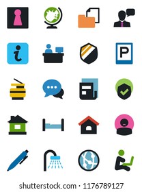 Color and black flat icon set - parking vector, female, globe, shower, pen, manager place, house, patient, folder document, shield, network, dialog, speaker, news, copier, bedroom, information