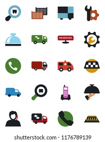 Color and black flat icon set - taxi vector, phone, reception bell, ambulance car, office, support, cargo container, delivery, consolidated, search, call, root setup, moving, reserved, waiter