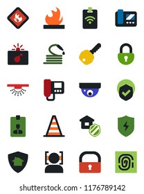 Color and black flat icon set - bomb in case vector, border cone, identity card, hose, shield, flammable, protect, lock, face id, key, estate insurance, intercome, home, pass, surveillance
