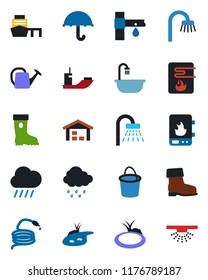 Color and black flat icon set - shower vector, watering can, bucket, boot, rain, hose, pond, drip irrigation, sea shipping, port, umbrella, warehouse, bathroom, water heater, sprinkler