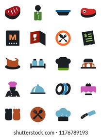 Color and black flat icon set - spoon and fork vector, waiter, cook, dish, restaurant table, cafe, hat, wine card, menu, plates, salt pepper, building, receipt, chicken, steak, bowl, knife