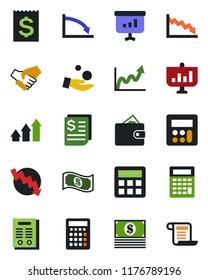 Color and black flat icon set - crisis graph vector, receipt, calculator, contract, arrow up, handshake, wallet, growth, investment, cash, presentation