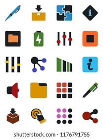 Color and black flat icon set - package vector, sorting, settings, touch screen, stop button, menu, folder, charge, application, pen, sound, information, social media