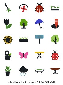 Color and black flat icon set - umbrella vector, sun, flower in pot, ripper, tree, butterfly, lady bug, seedling, rain, plant label, picnic table, tulip