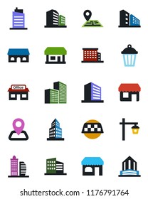 Color and black flat icon set - taxi vector, shop, office building, garden light, navigation, store, city house, cafe, storefront