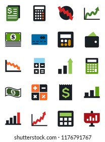 Color and black flat icon set - credit card vector, growth statistic, calculator, crisis graph, receipt, bar, wallet, cash, presentation
