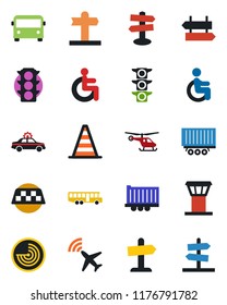 Color and black flat icon set - airport tower vector, plane radar, taxi, bus, signpost, alarm car, border cone, helicopter, disabled, traffic light, truck trailer, guidepost