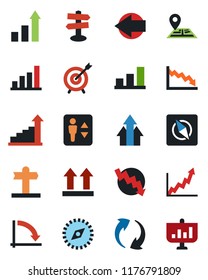 Color and black flat icon set - elevator vector, left arrow, growth statistic, crisis graph, signpost, navigation, up side sign, update, compass, bar, target, presentation