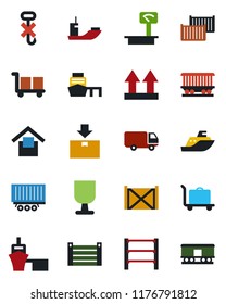 Color and black flat icon set - baggage trolley vector, railroad, sea shipping, truck trailer, cargo container, car delivery, port, fragile, warehouse storage, up side sign, no hook, package, rack