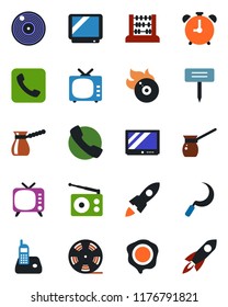 Color and black flat icon set - alarm clock vector, abacus, stamp, sickle, plant label, reel, vinyl, flame disk, radio, tv, phone, call, turkish coffee, rocket