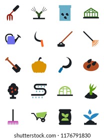 Color and black flat icon set - job vector, garden fork, rake, watering can, wheelbarrow, sproute, hoe, sickle, pumpkin, greenhouse, seeds, fertilizer, drip irrigation, fruit tree