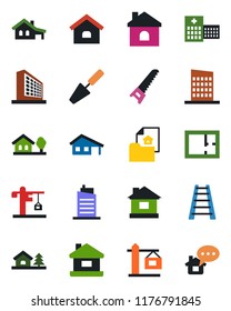 Color and black flat icon set - office building vector, trowel, ladder, saw, house, hospital, with garage, tree, plan, estate document, city, crane, home message